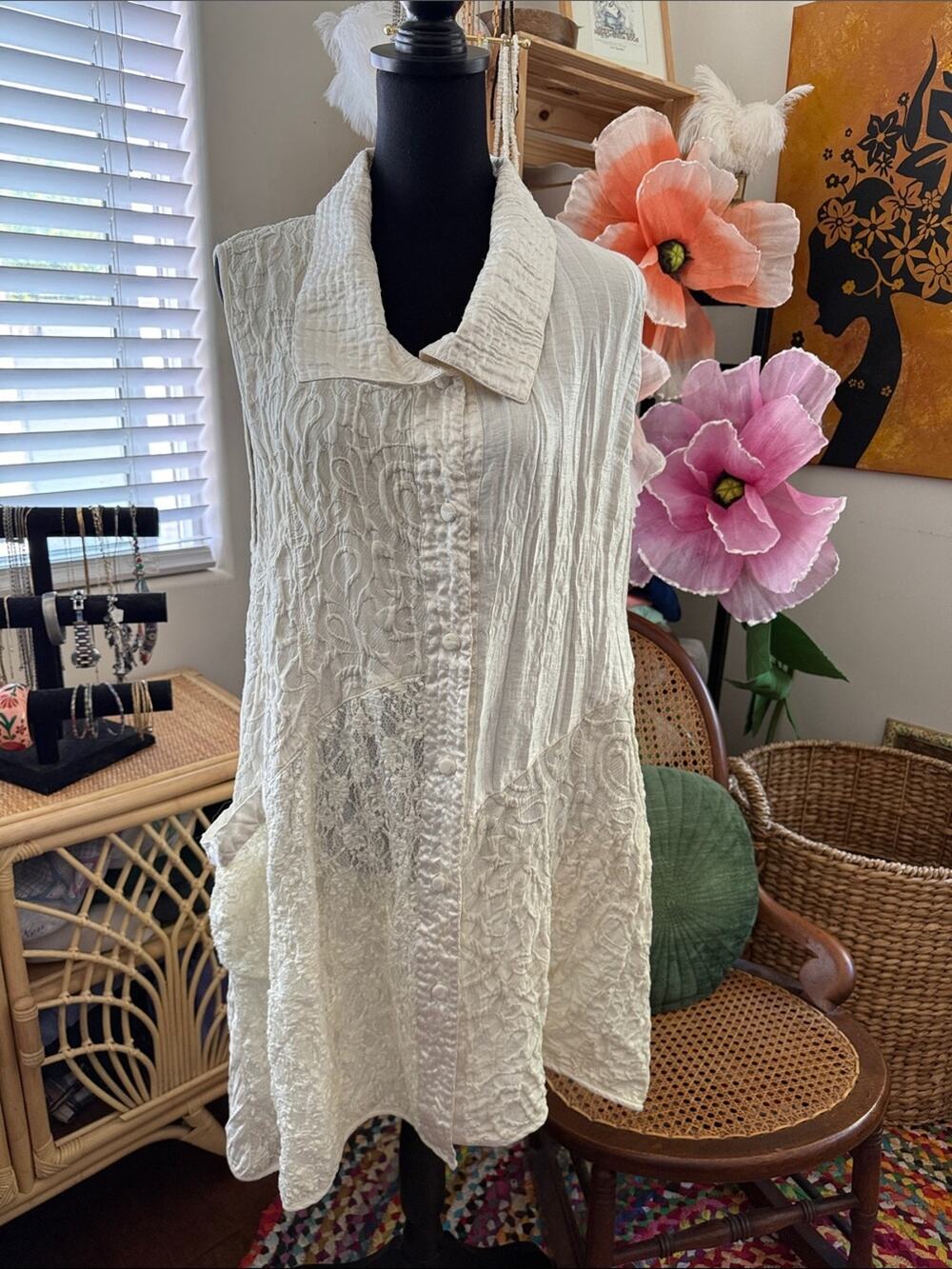 Harubella Ivory Crinkle Lace Hand Made Button Up Boho Lagenlook Tunic Top
